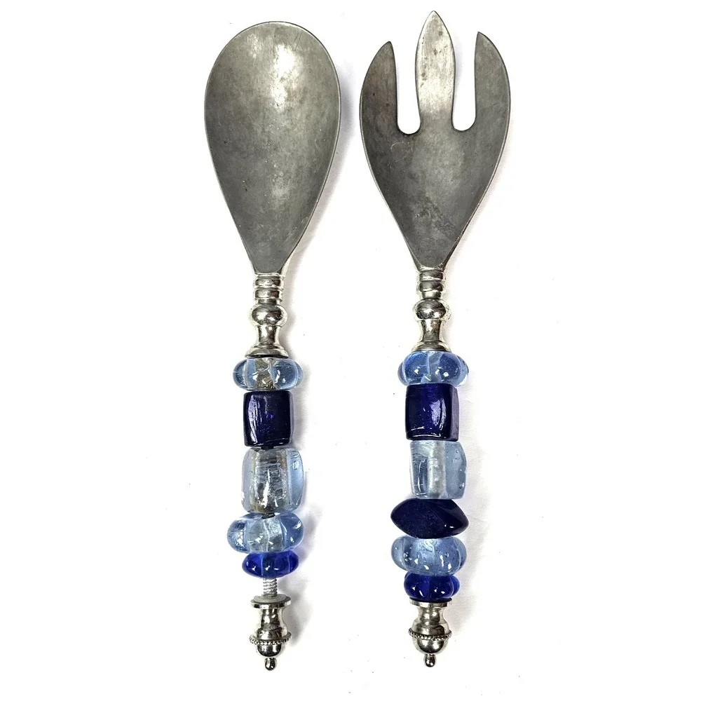 Vintage Beaded Blue Green Glass Salad Server Set or Crafting Beads